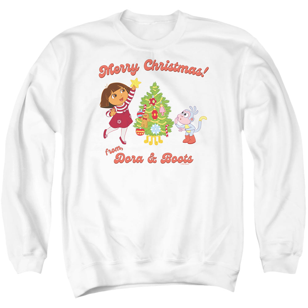 Dora The Explorer Happy Holidays From Dora And Boots Mens Crewneck Sweatshirt White