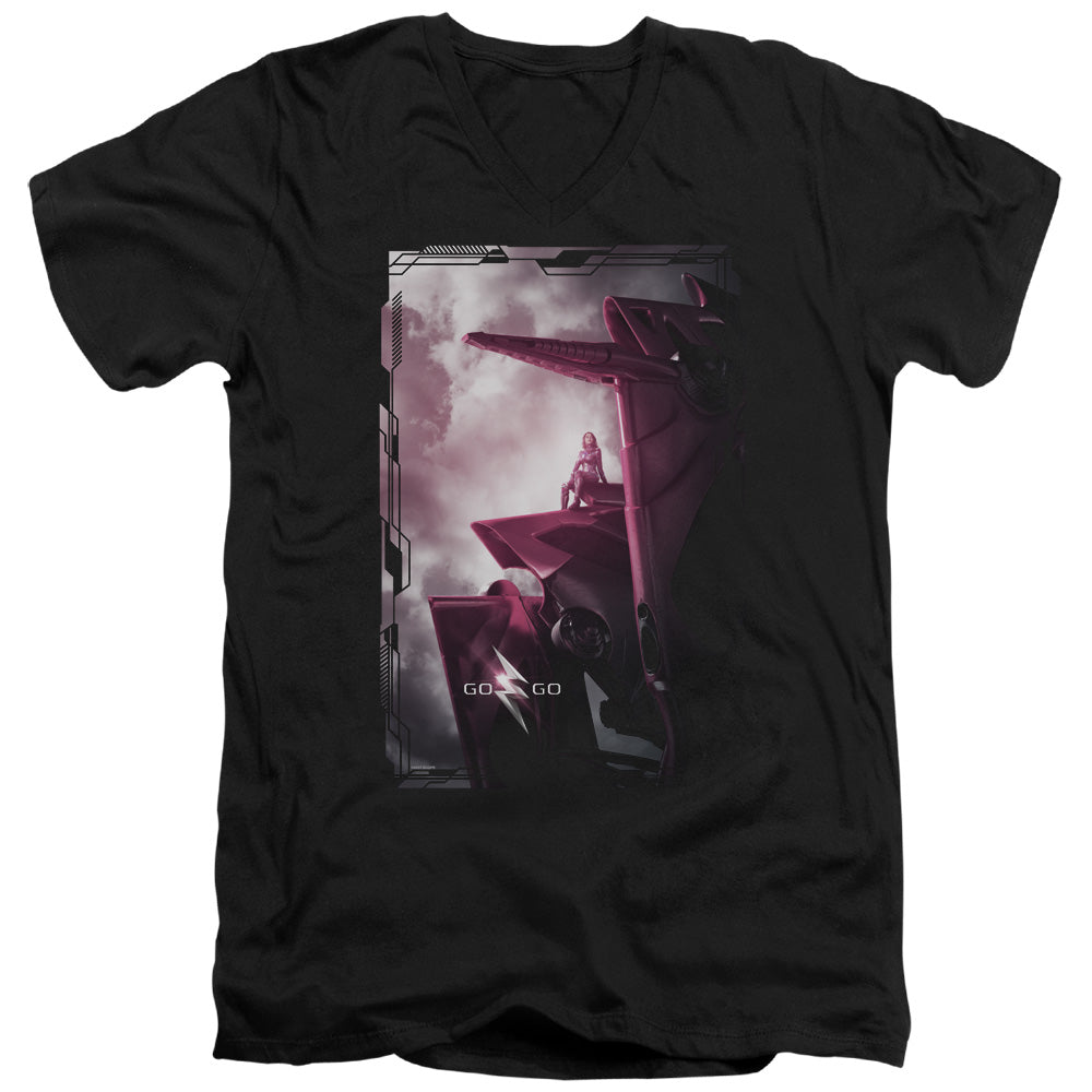 Power Rangers Pink Zord Poster Mens Slim Fit V-Neck T Shirt Black Officially Licensed
