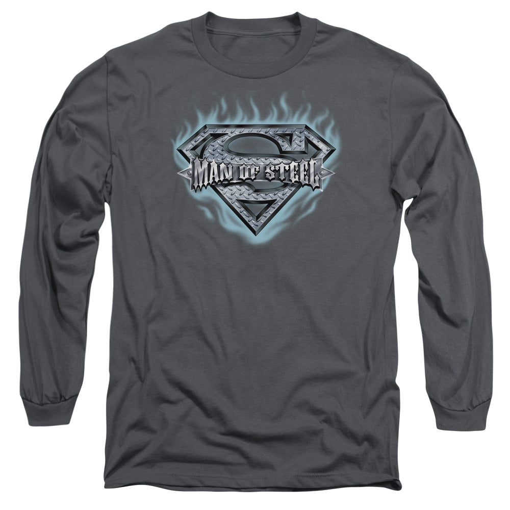 Superman Man Of Steel Shield Mens Long Sleeve Shirt Charcoal Officially Licensed