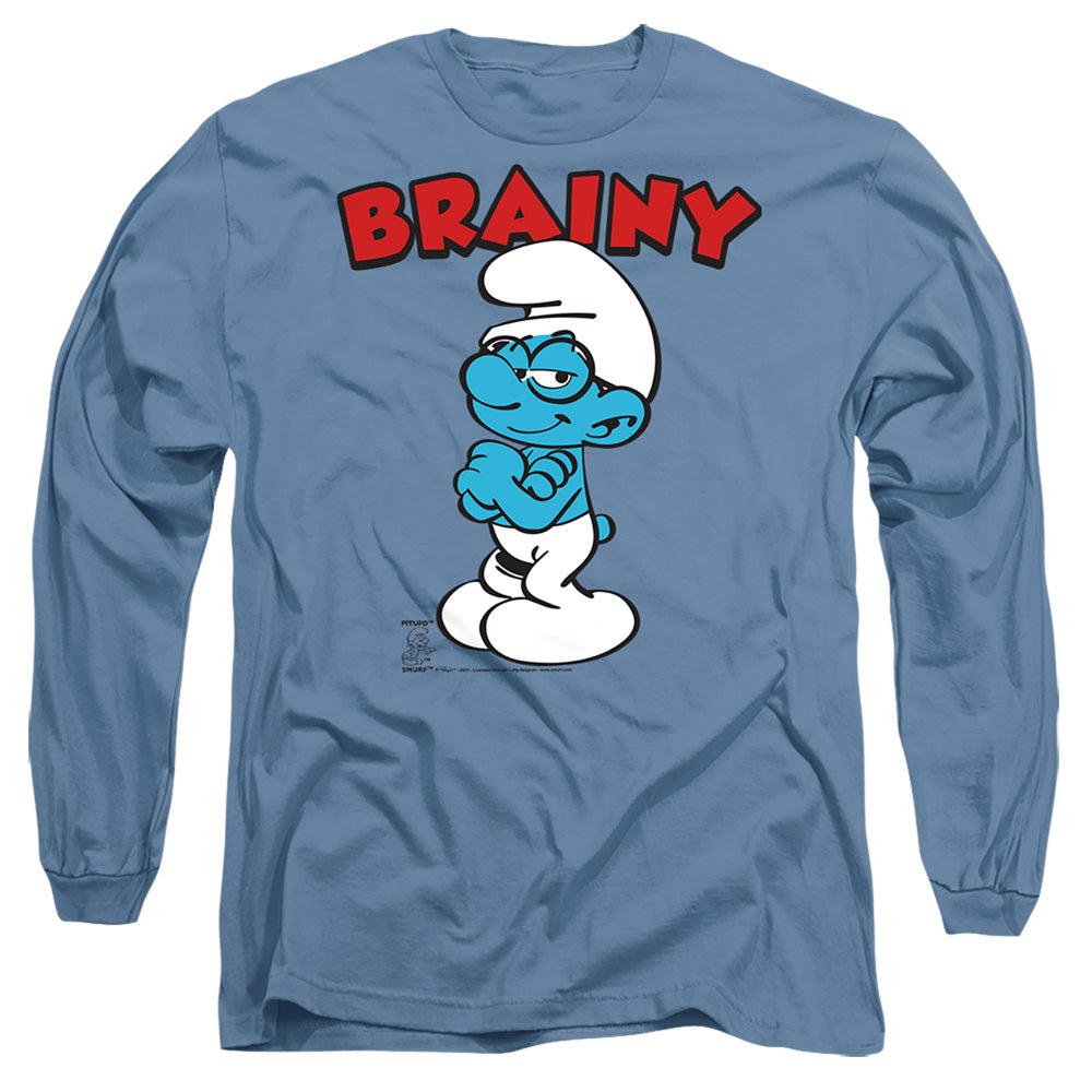 Smurfs Brainy Mens Long Sleeve Shirt Carolina Blue Officially Licensed