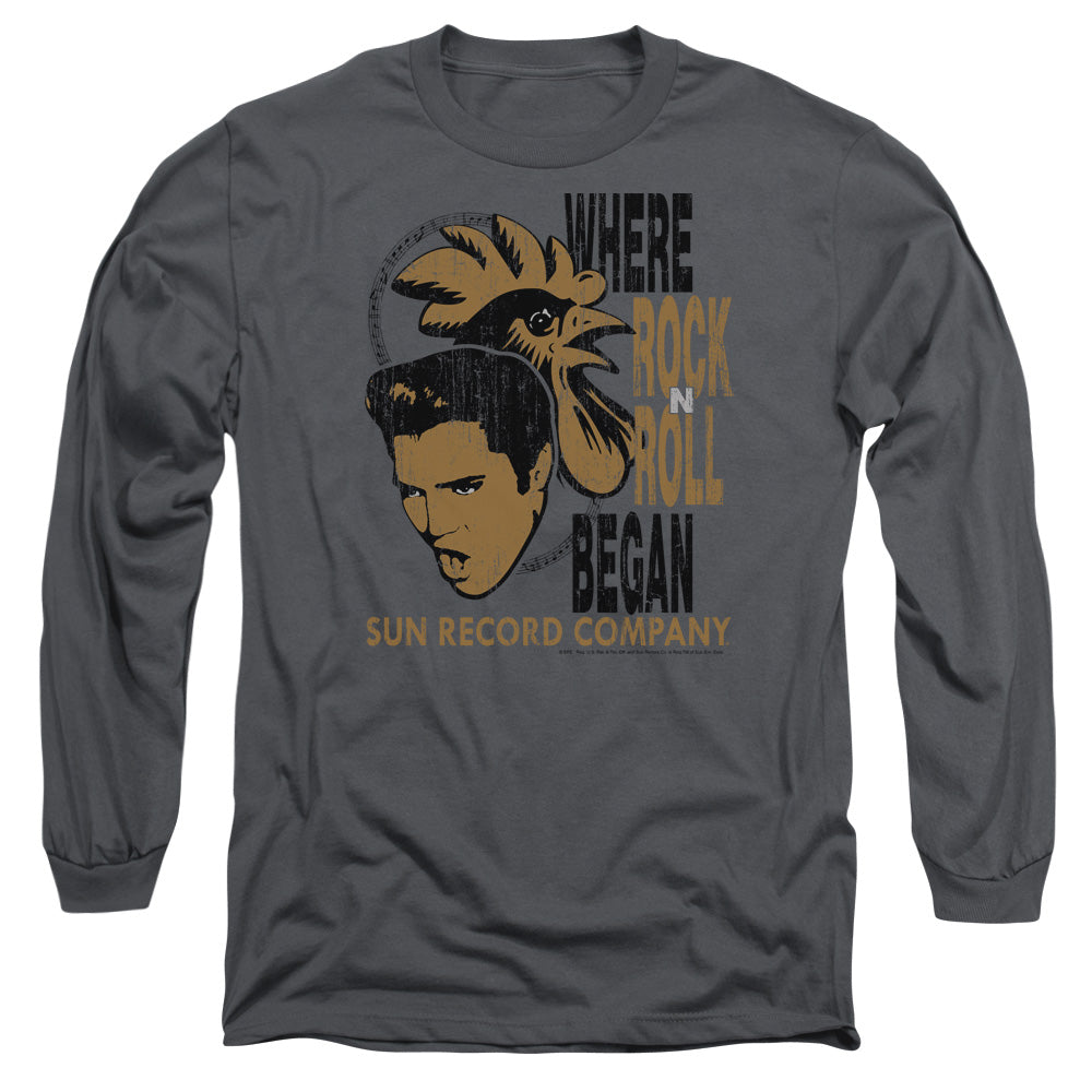 Sun Elvis And Rooster Mens Long Sleeve Shirt Charcoal Officially Licensed