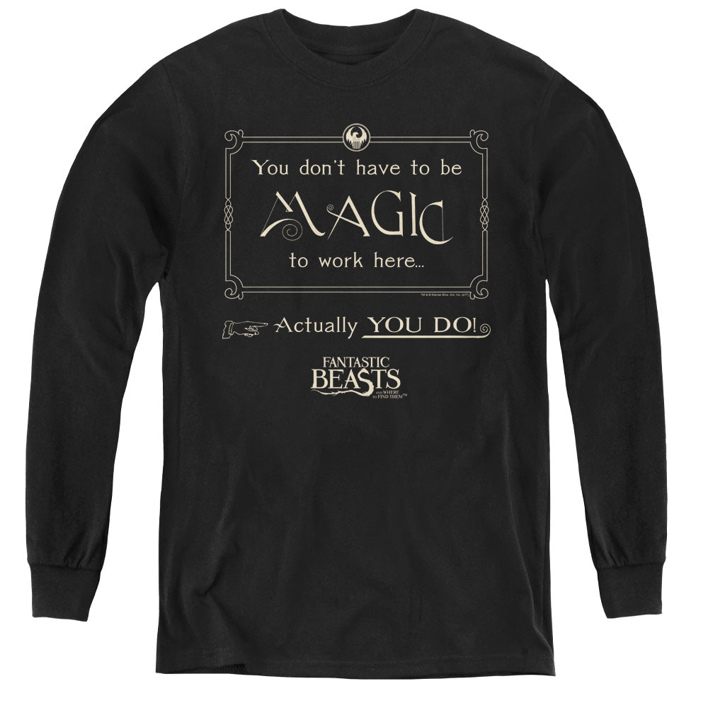 Fantastic Beasts Magic To Work Here Long Sleeve Kids Youth T Shirt Black Officially Licensed