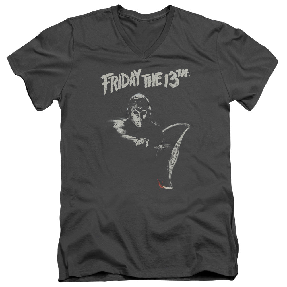 Friday The 13th Ax Mens Slim Fit V-Neck T Shirt Charcoal Officially Licensed