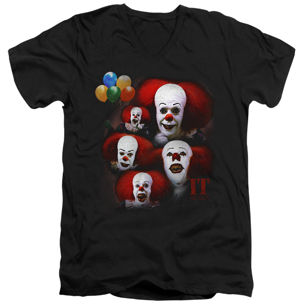 IT 1990 Many Faces Of Pennywise Mens Slim Fit V-Neck T Shirt Black Officially Licensed