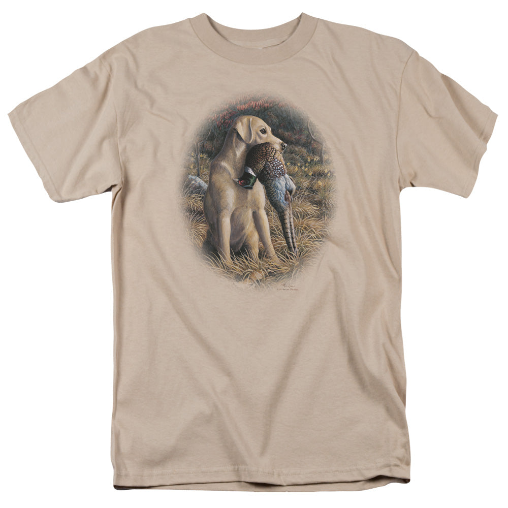 Wildlife Yellow Lab With Pheasant Mens T Shirt Sand Officially Licensed