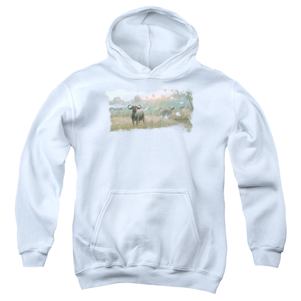 Wildlife Cape Buffalo Kids Youth Hoodie White