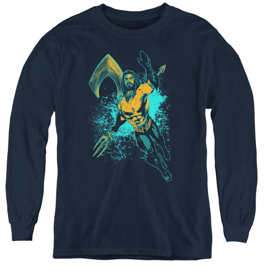 Aquaman Movie Make A Splash Long Sleeve Kids Youth T Shirt Navy Blue Officially Licensed