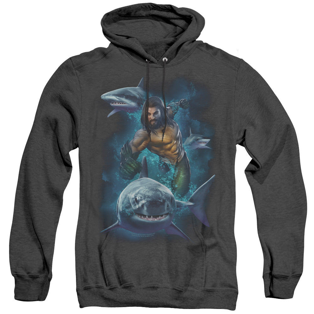 Aquaman Movie Swimming With Sharks Mens Heather Hoodie Black Officially Licensed