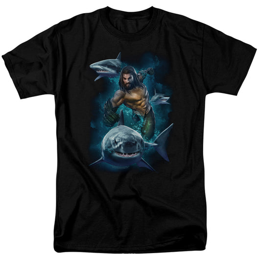 Aquaman Movie Swimming With Sharks Mens T Shirt Black Officially Licensed