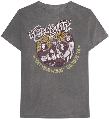 Aerosmith Get Your Wings US Tour 74 Cheetah Print Gray Unisex ShortSleeve T-shirt 2XL [T-Shirt] - Rock Band Apparel