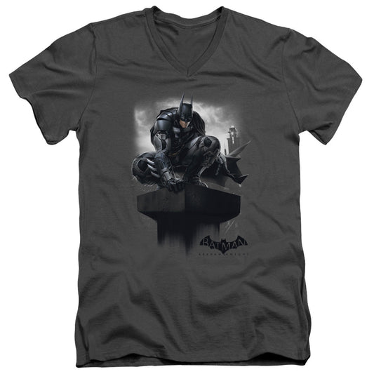 Batman Arkham Knight Perched Mens Slim Fit V Neck T Shirt Charcoal Officially Licensed