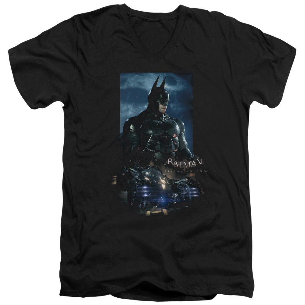 Batman Arkham Knight Batmobile Mens Slim Fit V Neck T Shirt Black Officially Licensed
