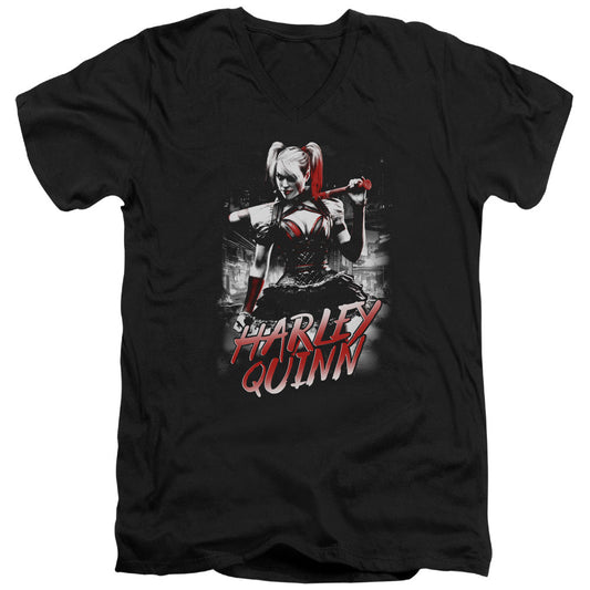 Batman Arkham Knight Quinn City Mens Slim Fit V Neck T Shirt Black Officially Licensed