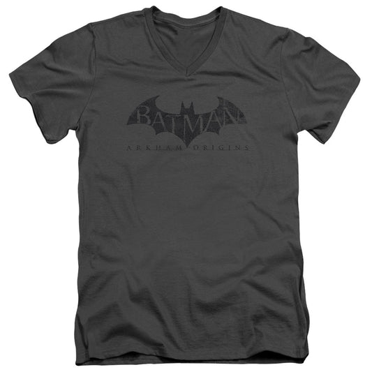 Batman Arkham Origins Crackle Logo Mens Slim Fit V Neck T Shirt Charcoal Officially Licensed