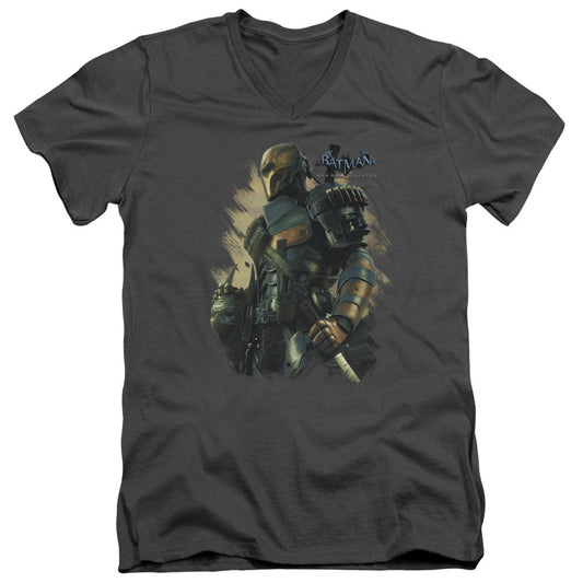 Batman Arkham Origins Deathstroke Mens Slim Fit V Neck T Shirt Charcoal Officially Licensed
