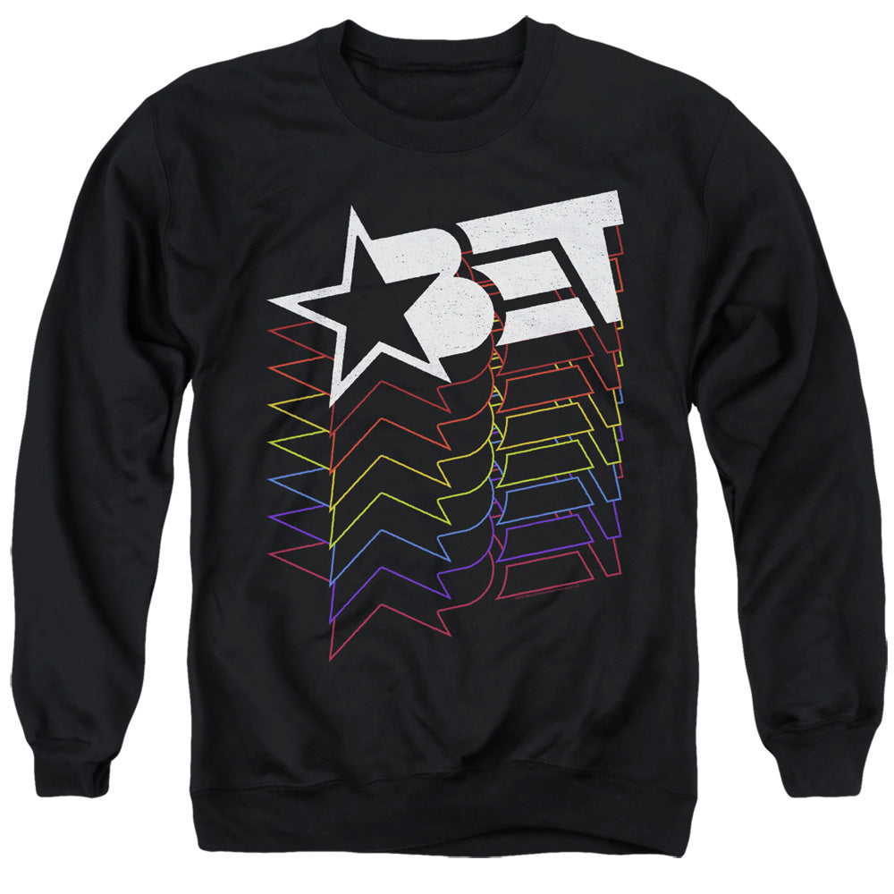 Bet Logo Cascading Rainbow Mens Crewneck Sweatshirt Black Officially Licensed