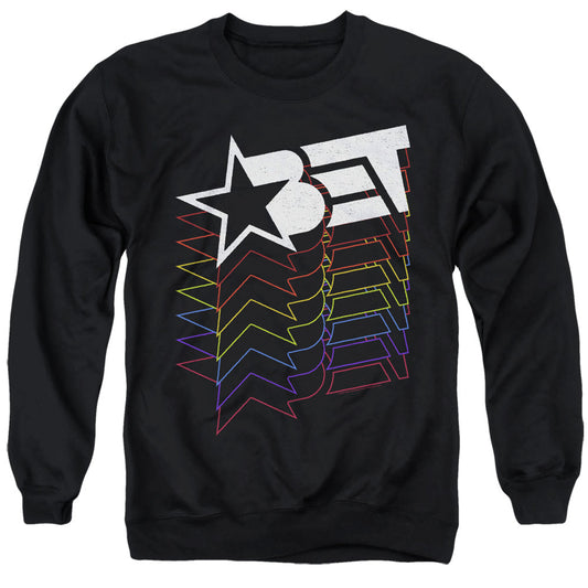 Bet Logo Cascading Rainbow Mens Crewneck Sweatshirt Black Officially Licensed