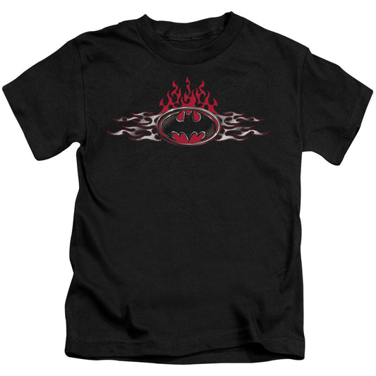 Batman Steel Flames Logo Juvenile Kids Youth T Shirt Black Officially Licensed
