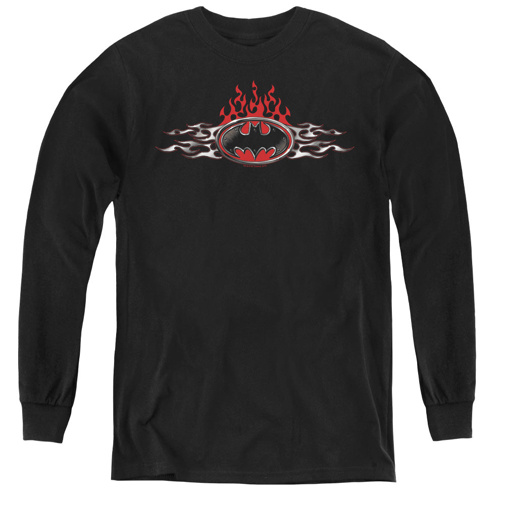 Batman Steel Flames Logo Long Sleeve Kids Youth T Shirt Black Officially Licensed