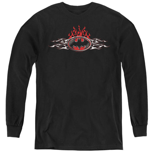Batman Steel Flames Logo Long Sleeve Kids Youth T Shirt Black Officially Licensed