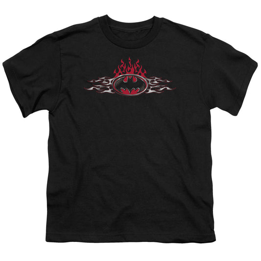 Batman Steel Flames Logo Kids Youth T Shirt Black Officially Licensed