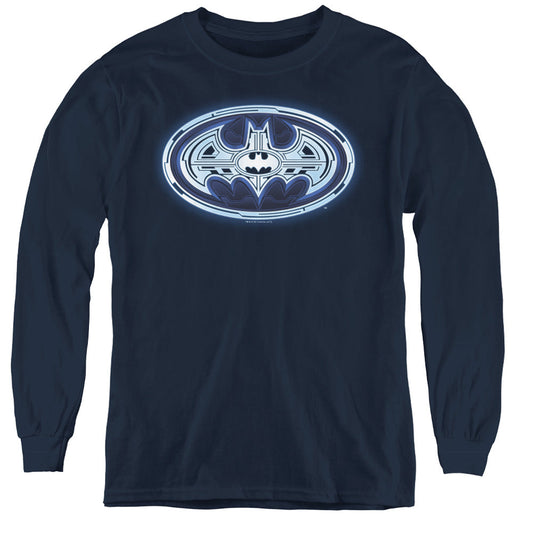Batman Cyber Bat Shield Long Sleeve Kids Youth T Shirt Navy Blue Officially Licensed