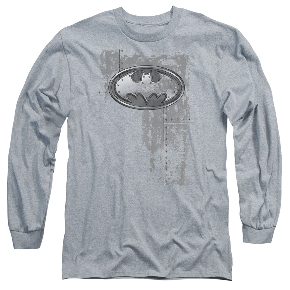 Batman Rivited Metal Logo Mens Long Sleeve Shirt Athletic Heather Officially Licensed
