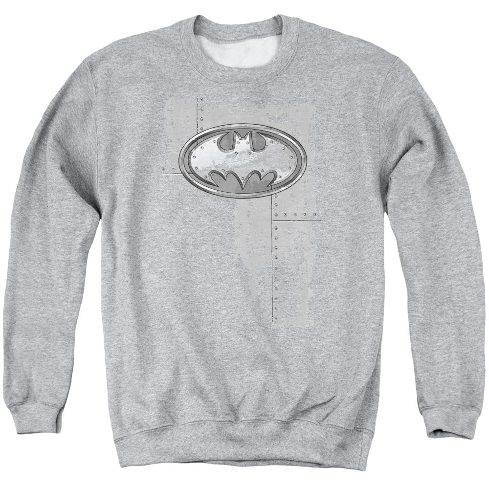 Batman Rivited Metal Logo Mens Crewneck Sweatshirt Athletic Heather