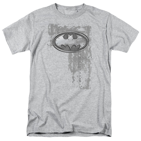 Batman Rivited Metal Logo Mens T Shirt Athletic Heather Officially Licensed