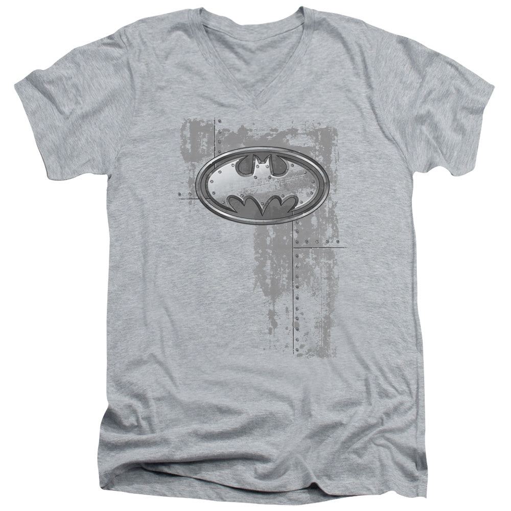 Batman Rivited Metal Logo Mens Slim Fit V Neck T Shirt Athletic Heather Officially Licensed