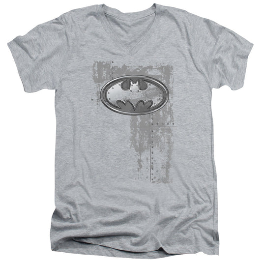 Batman Rivited Metal Logo Mens Slim Fit V Neck T Shirt Athletic Heather Officially Licensed