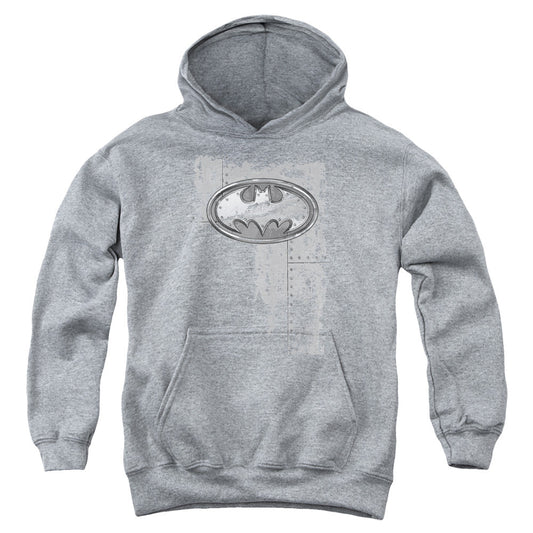 Batman Rivited Metal Logo Kids Youth Hoodie Heather Officially Licensed