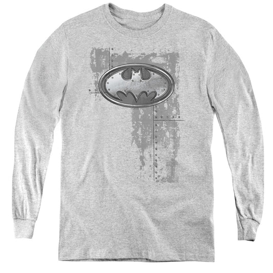 Batman Rivited Metal Logo Long Sleeve Kids Youth T Shirt Athletic Heather Officially Licensed