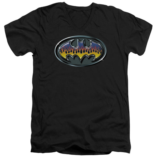 Batman Hot Rod Shield Mens Slim Fit V Neck T Shirt Black Officially Licensed