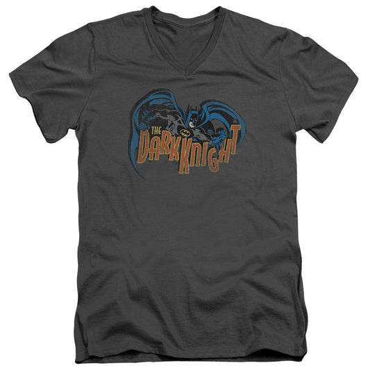 Batman Retro Dark Knight Mens Slim Fit V Neck T Shirt Charcoal Officially Licensed