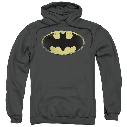 Batman Distressed Shield Mens Hoodie Charcoal Officially Licensed