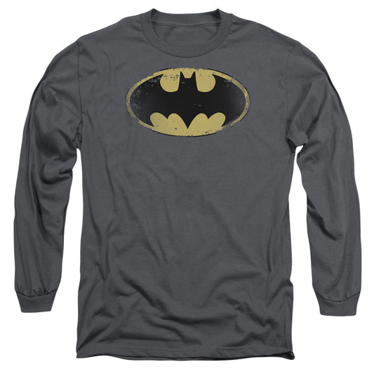Batman Distressed Shield Mens Long Sleeve Shirt Charcoal Officially Licensed