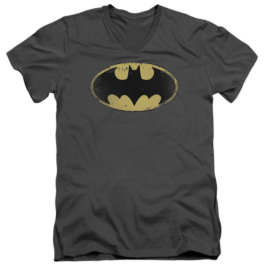 Batman Distressed Shield Mens Slim Fit V Neck T Shirt Charcoal Officially Licensed