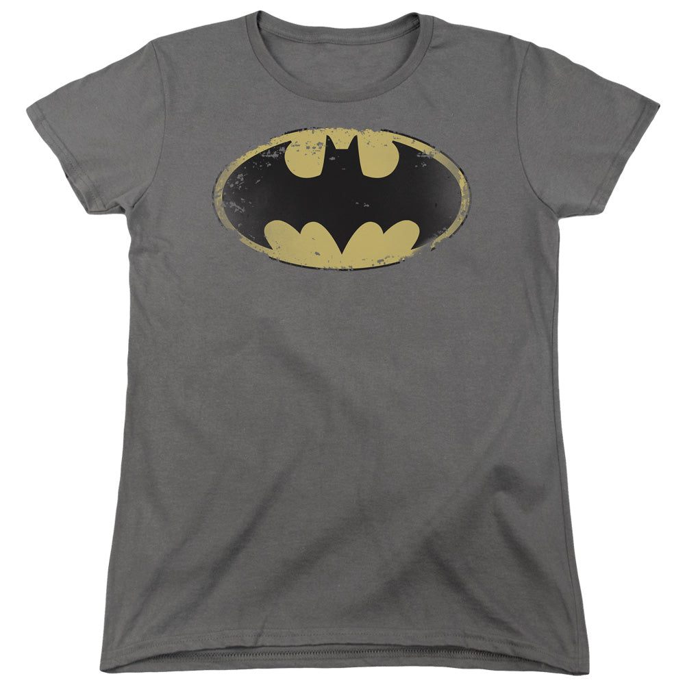 Batman Distressed Shield Womens T Shirt Charcoal Officially Licensed