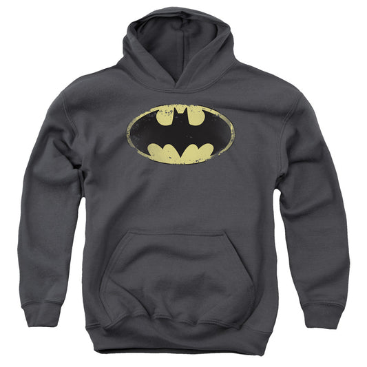 Batman Distressed Shield Kids Youth Hoodie Charcoal Officially Licensed