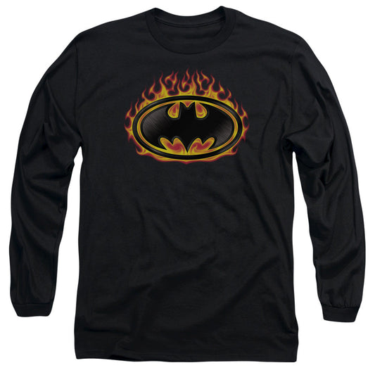 Batman Bat Flames Shield Mens Long Sleeve Shirt Black Officially Licensed