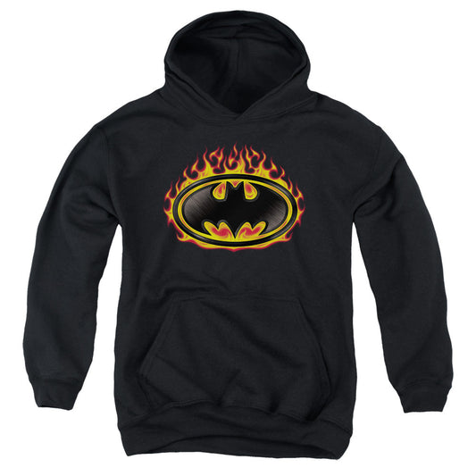 Batman Bat Flames Shield Kids Youth Hoodie Black Officially Licensed