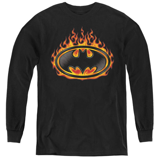 Batman Bat Flames Shield Long Sleeve Kids Youth T Shirt Black Officially Licensed