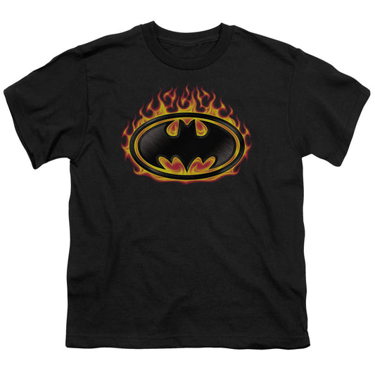 Batman Bat Flames Shield Kids Youth T Shirt Black Officially Licensed