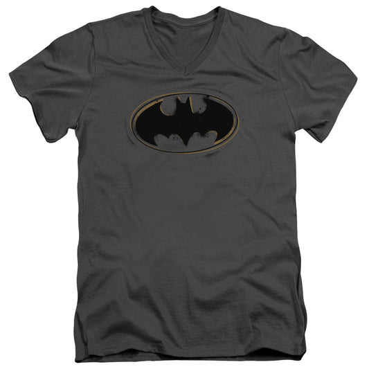 Batman Spray Paint Logo Mens Slim Fit V Neck T Shirt Charcoal Officially Licensed
