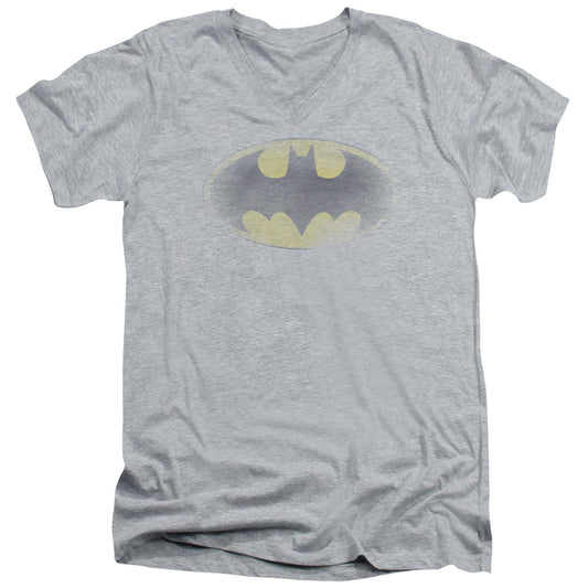 Batman Faded Logo Mens Slim Fit V Neck T Shirt Athletic Heather Officially Licensed