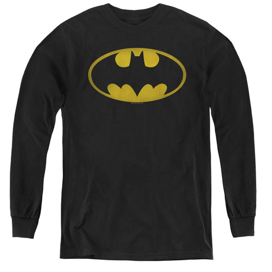 Batman Washed Bat Logo Long Sleeve Kids Youth T Shirt Black Officially Licensed