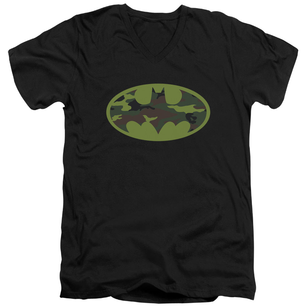 Batman Camo Logo Mens Slim Fit V Neck T Shirt Black Officially Licensed