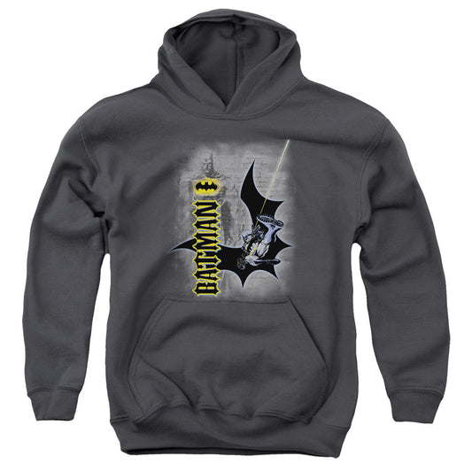 Batman Swing Into Action Kids Youth Hoodie Charcoal Officially Licensed