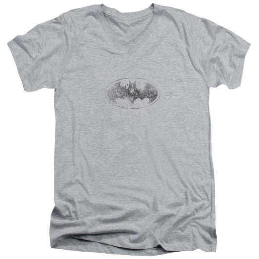 Batman Burned & Splatered Mens Slim Fit V Neck T Shirt Athletic Heather Officially Licensed